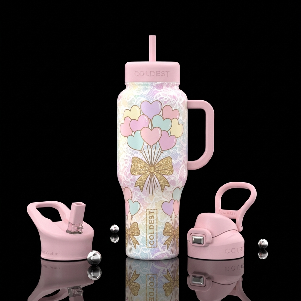 Pastel heart bouquets tied with glittery bows on a... water bottle design