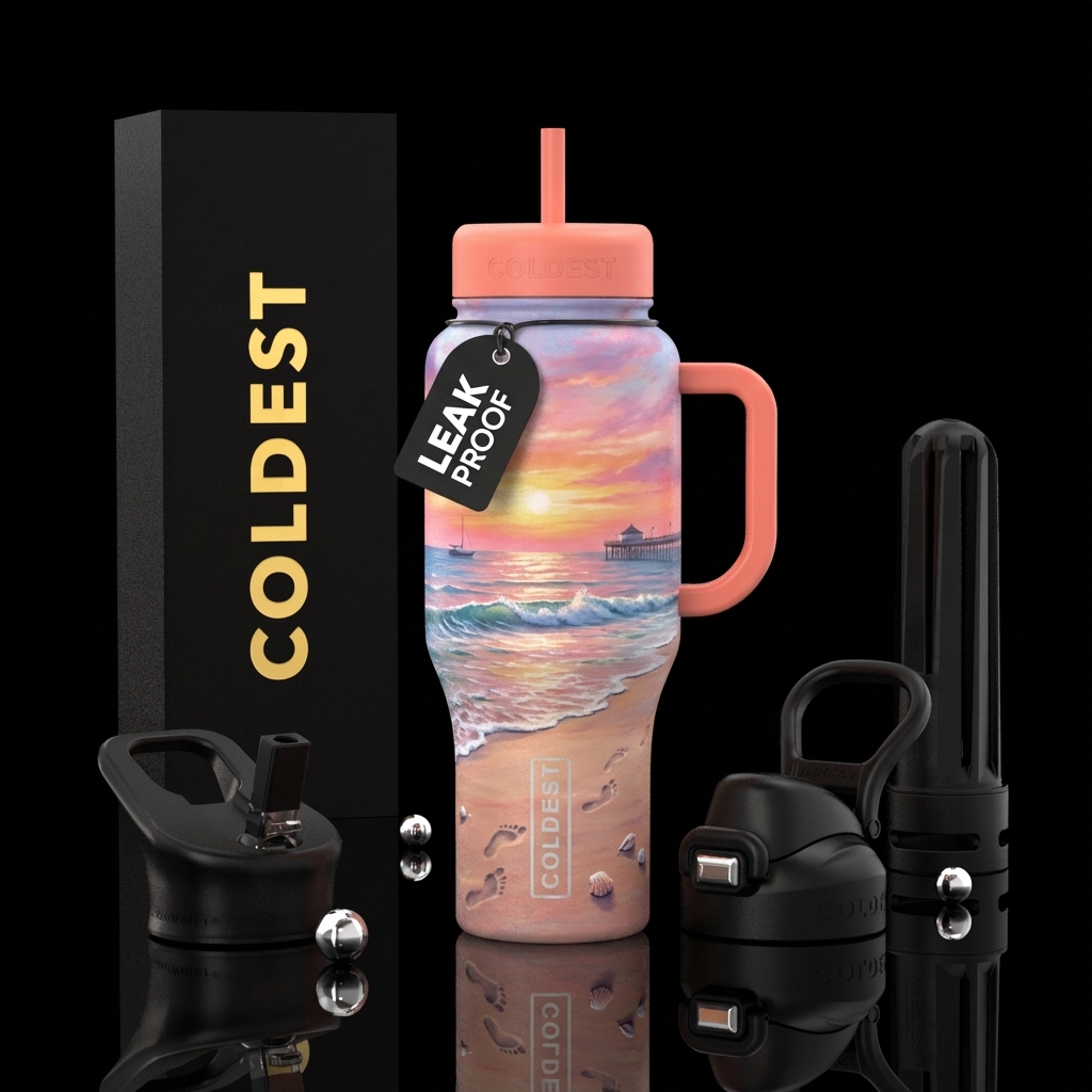 Beach painting with foot prints in the sand, a cot... water bottle design