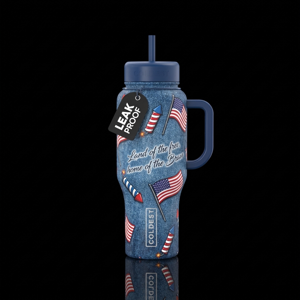 Worn Denim blue background,  red, white and blue s... water bottle design