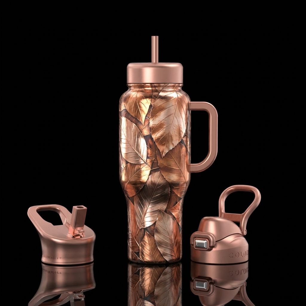 Copper, bronze and rose gold metallic leaves with ... water bottle design