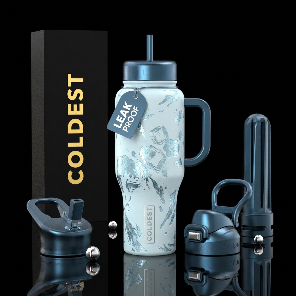 No 3D images Very cold, ice cubes, ice blue metall... water bottle design