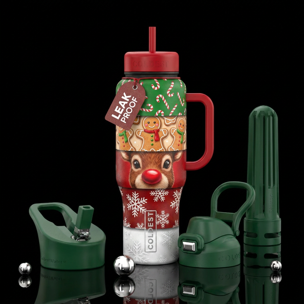 Layers of Christmas theme scenes, one white with s... water bottle design