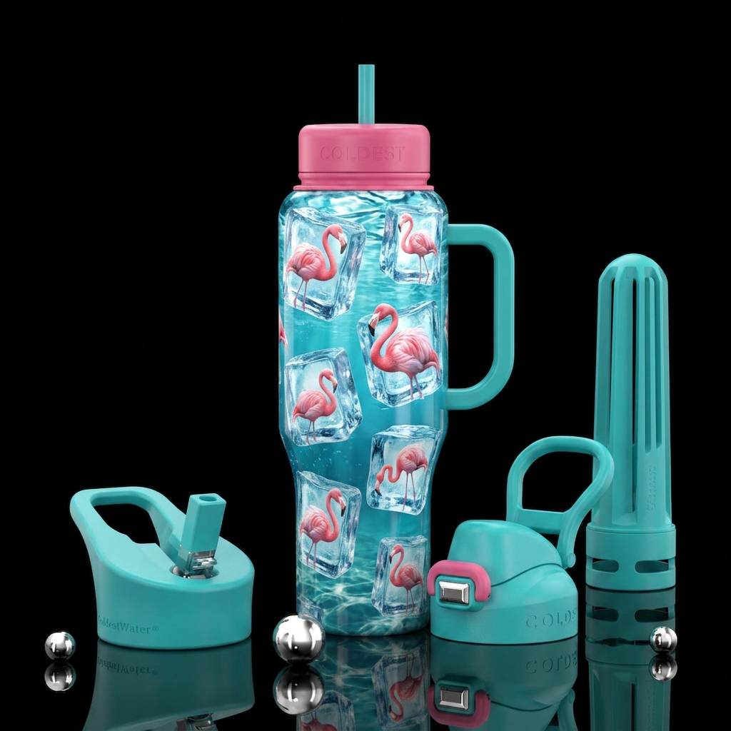 Pink flamingos in different poses frozen inside ic... water bottle design