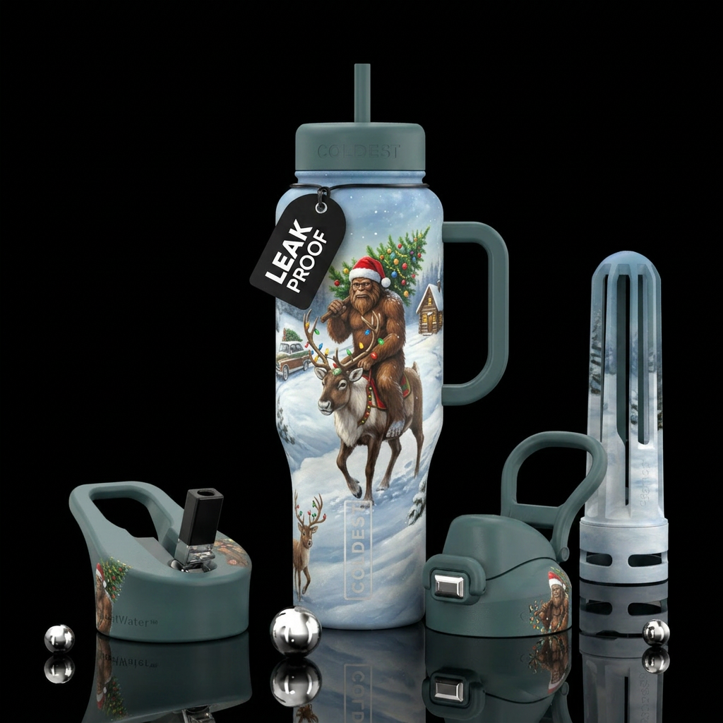 Big foot sasquash riding a reindeer with a snowy s... water bottle design
