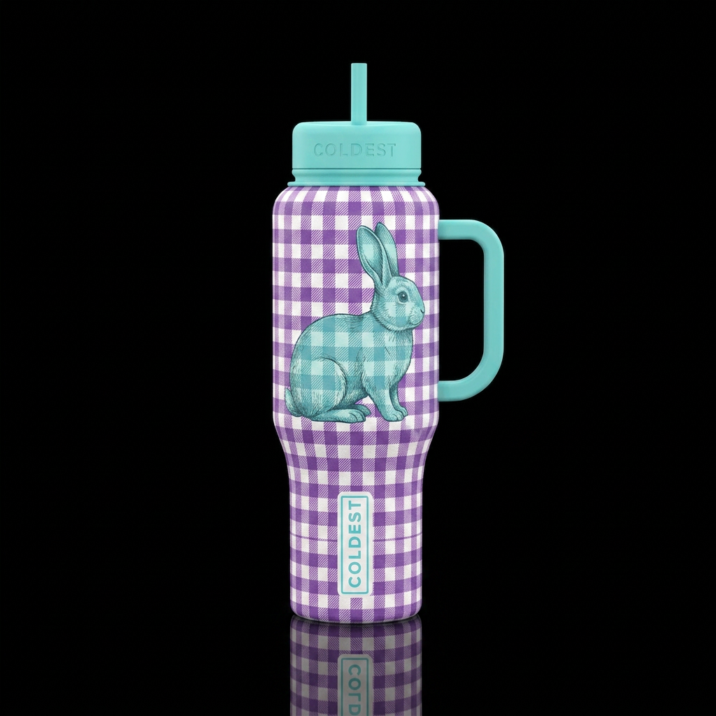 Purple and white gingham background with aqua bunn... water bottle design