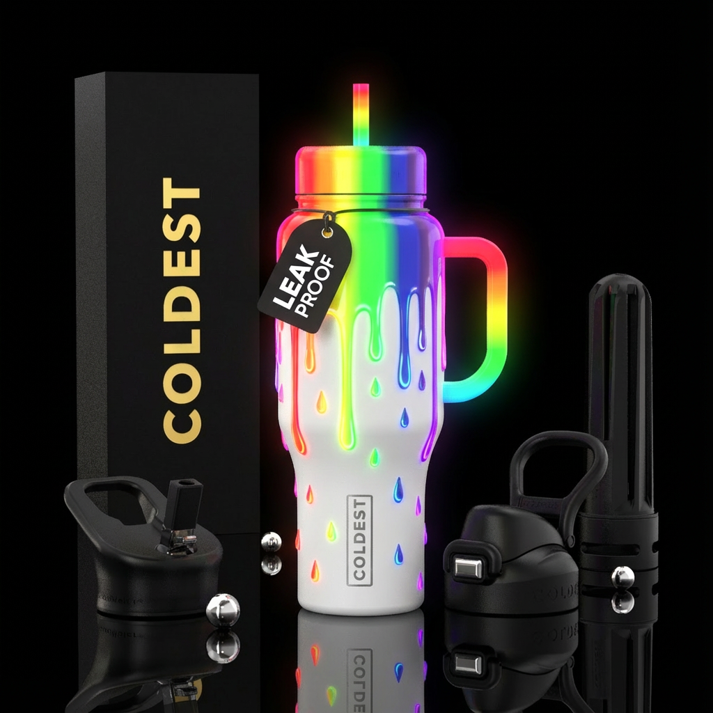 Neon Rainbow Drip water bottle design