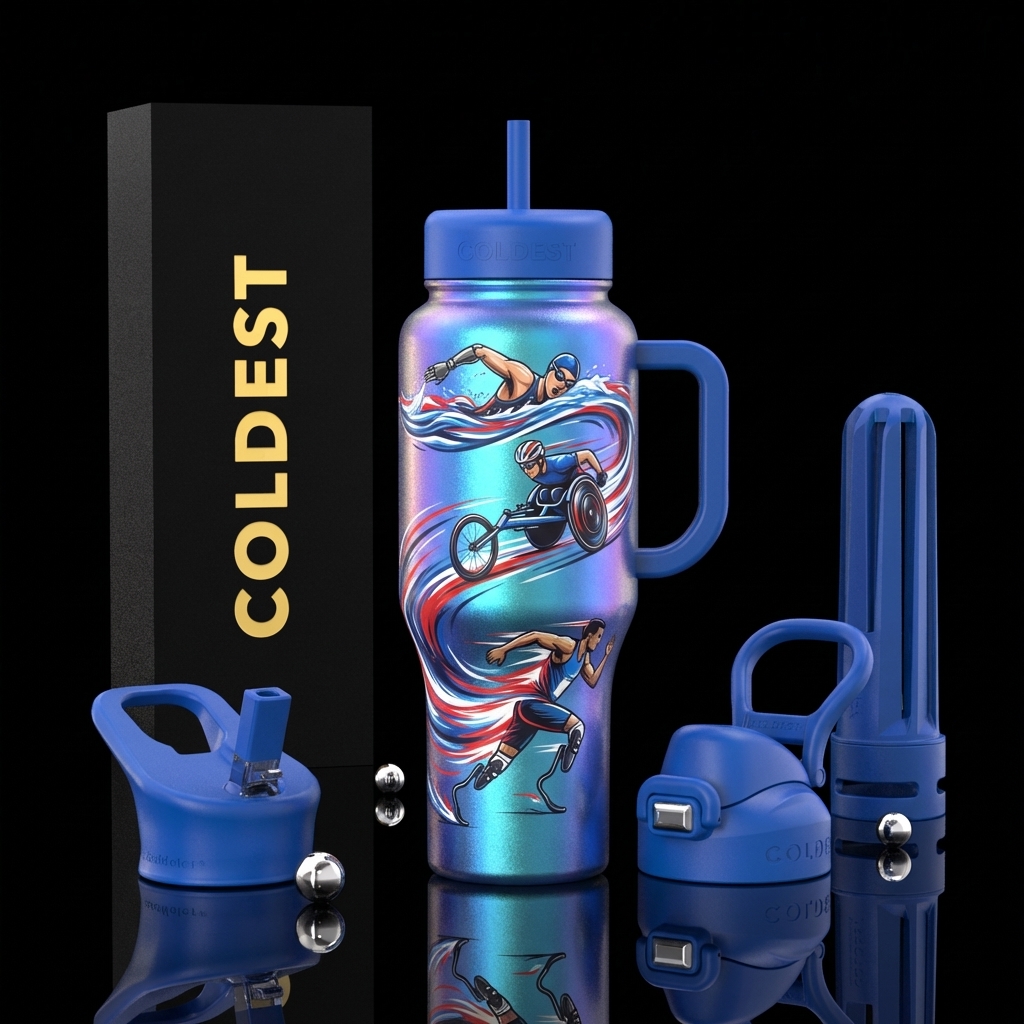 three disabled athletes spiraling around the blue ... water bottle design