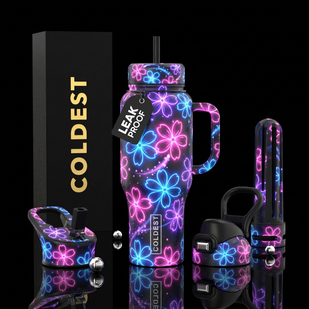 Neon light floral water bottle design