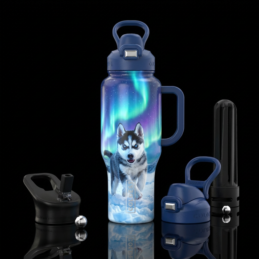 A cute Siberian husky with blue eyes playing in th... water bottle design