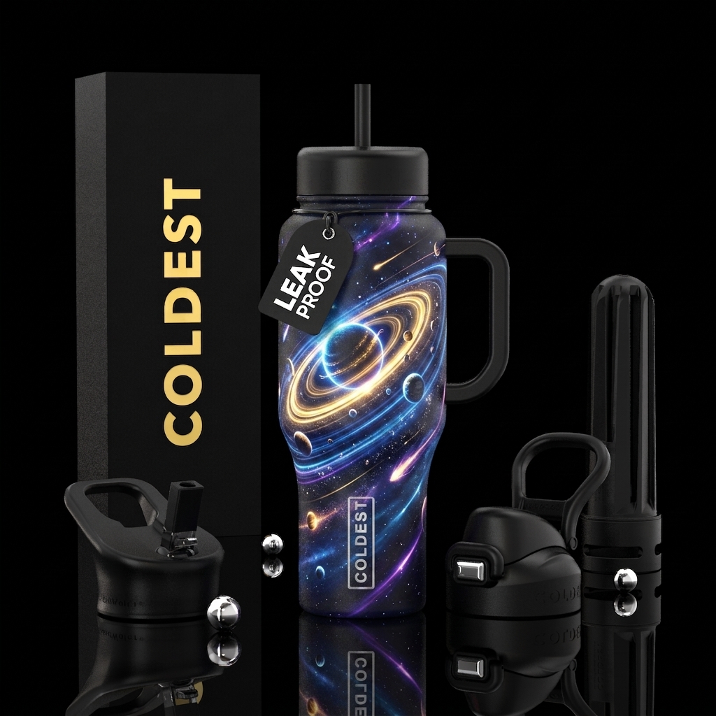Seamless wrap design featuring multiple glowing pl... water bottle design