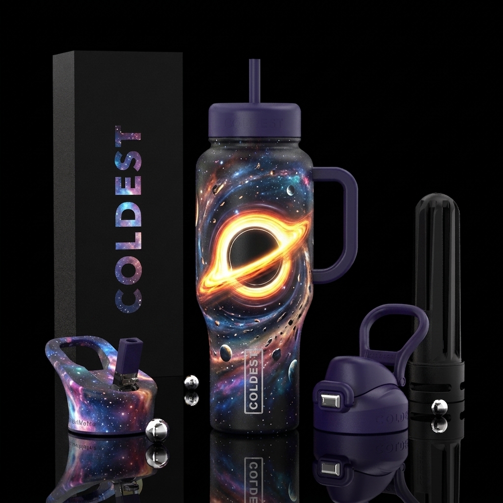360 wrap design featuring a massive black hole at ... water bottle design