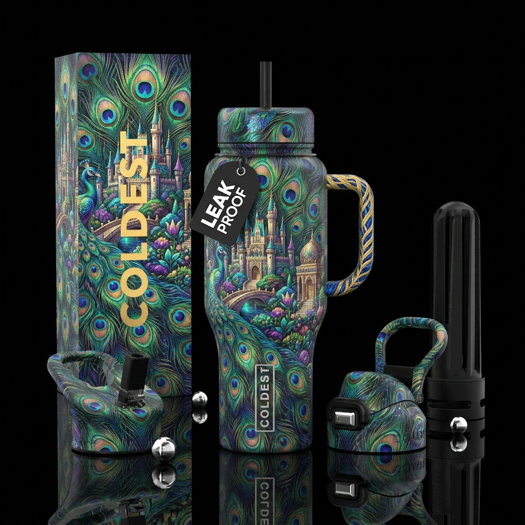 .Peacock Paradise water bottle design