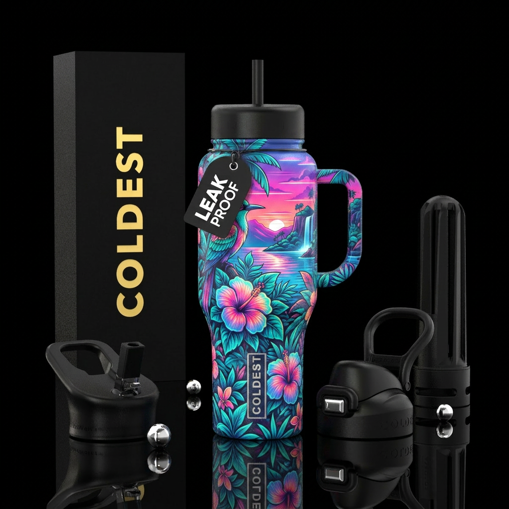 Neon Tropical Paradise water bottle design