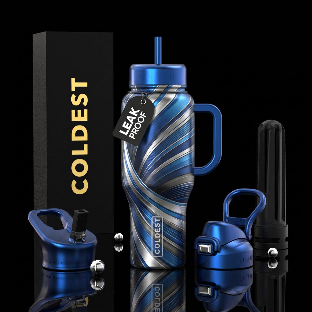 Ribbons of blue and silver water bottle design