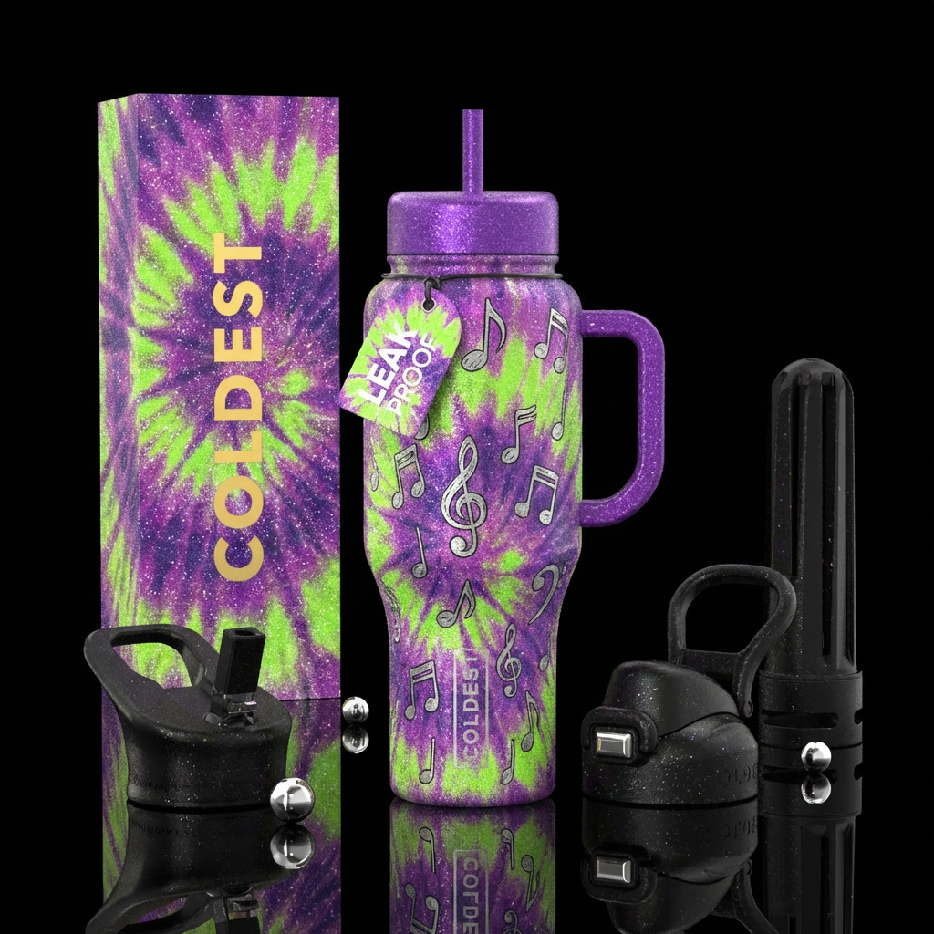 Silver Music notes, purple and neon green tie dye,... water bottle design