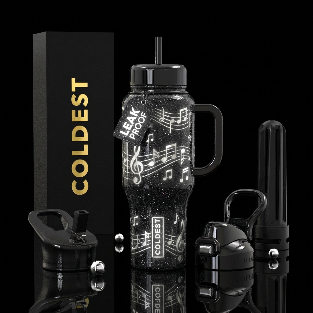 shiny, sparkly, black, glowy silver music notes, water bottle design