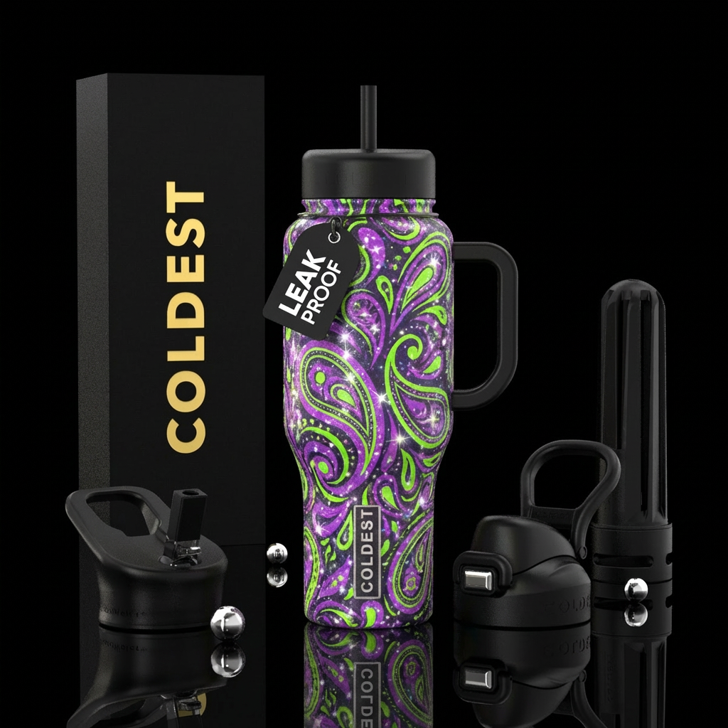 Sparkly, purple and neon green paisley, black cup,... water bottle design