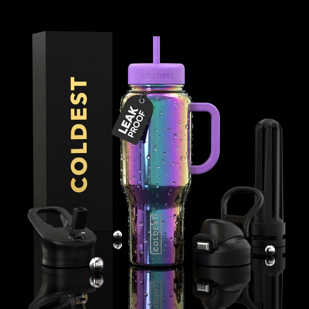 Shiney, irridescent, rain drops, shiny cup, lavend... water bottle design