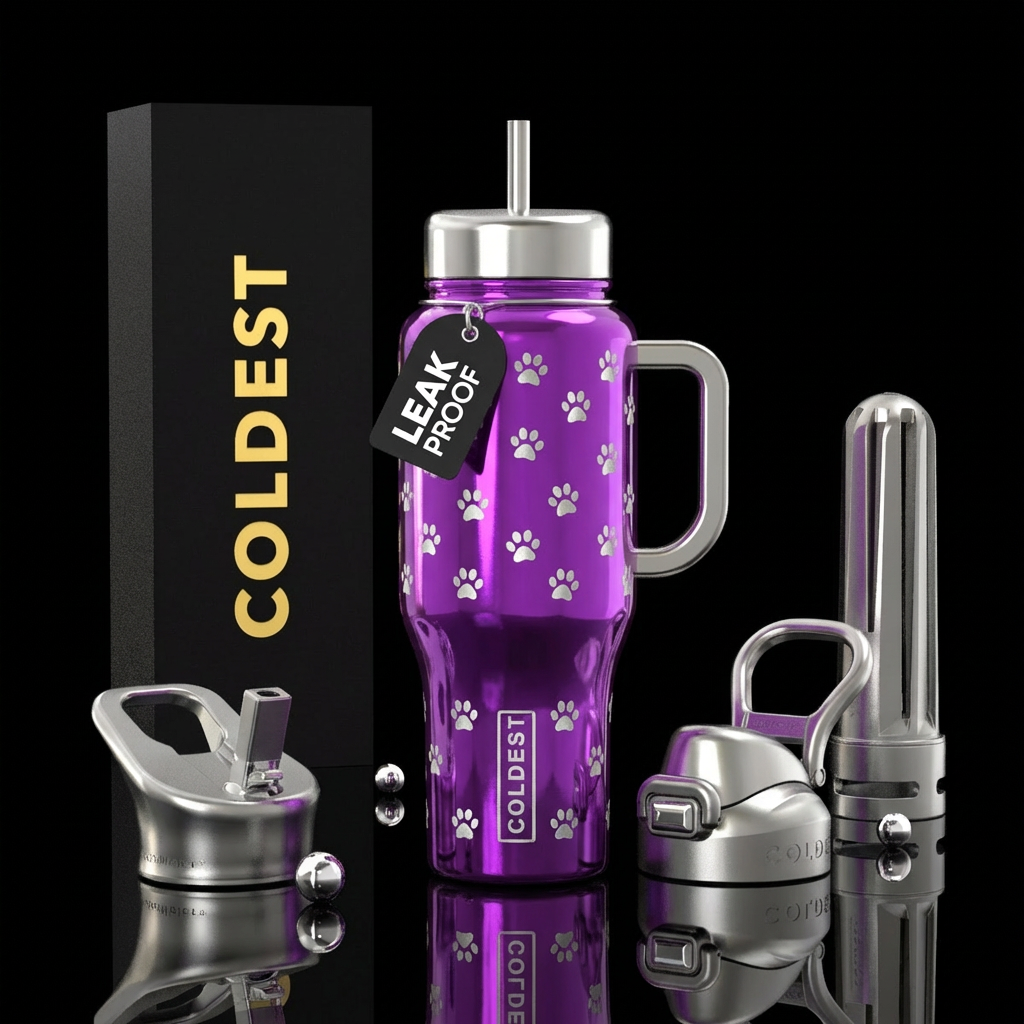 shiny purple cup, small glowie silver puppy paws g... water bottle design