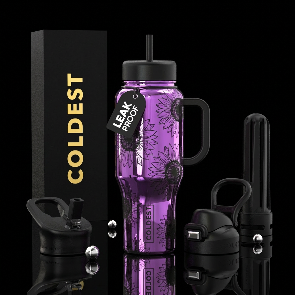 shiny purple chrome, black sunflower outlines, bla... water bottle design