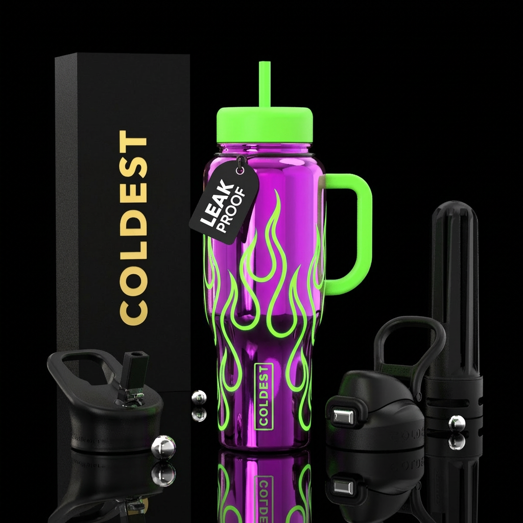 Shiny neon purple chrome, shiny neon green flames,... water bottle design