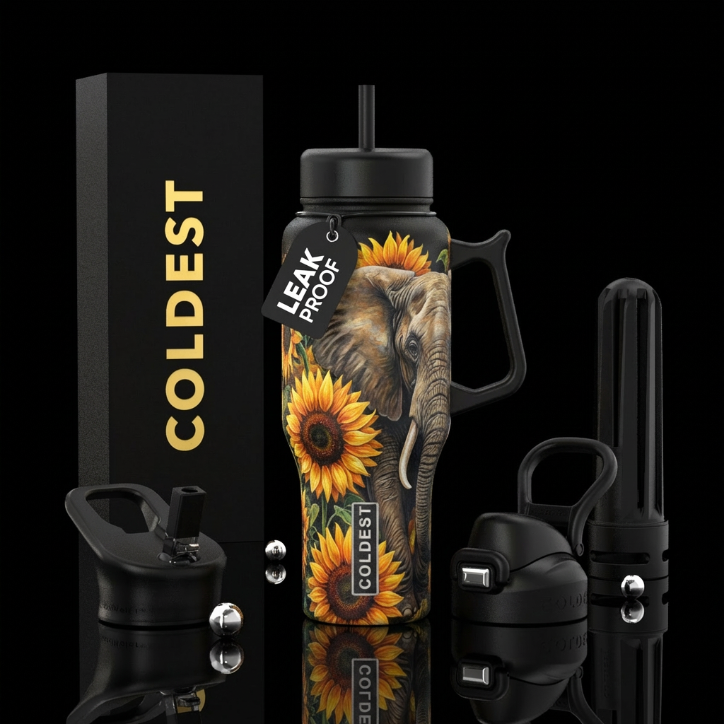 Realism, Elephant, sunflower, beautiul, black lid,... water bottle design