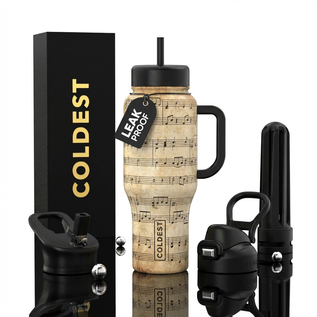 rustic sheet music, black handle, black lid, black... water bottle design