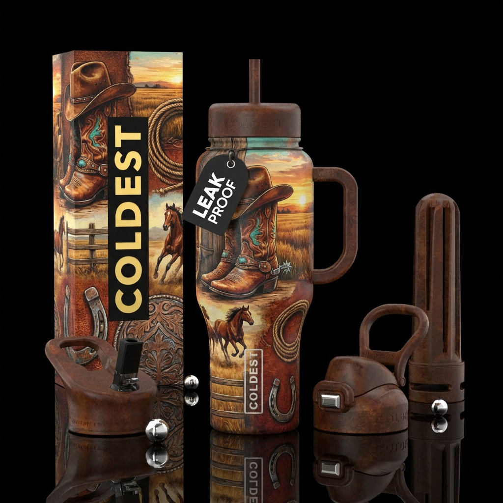 rugged, rustic, western, cowboy boots, spurs, cowb... water bottle design