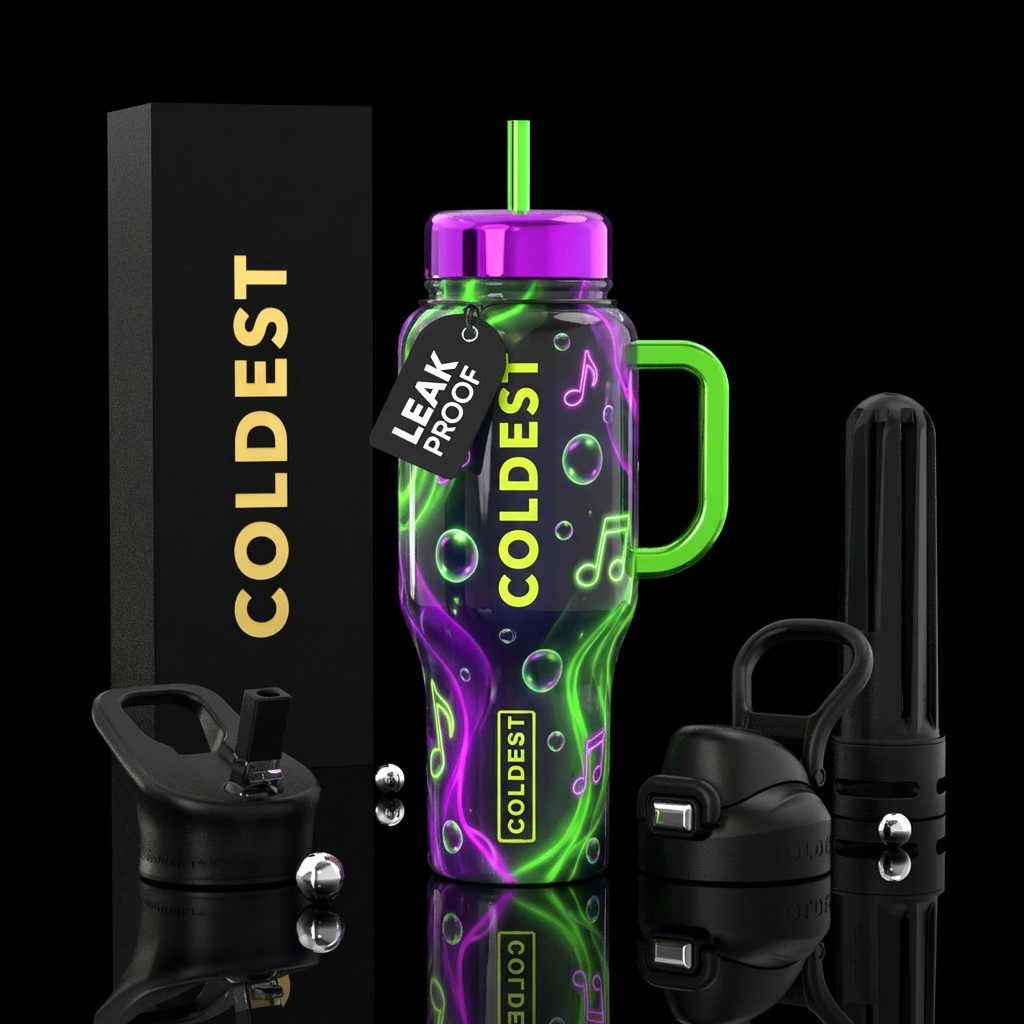 inbued neon green and neon purple, bubbles, shiny,... water bottle design