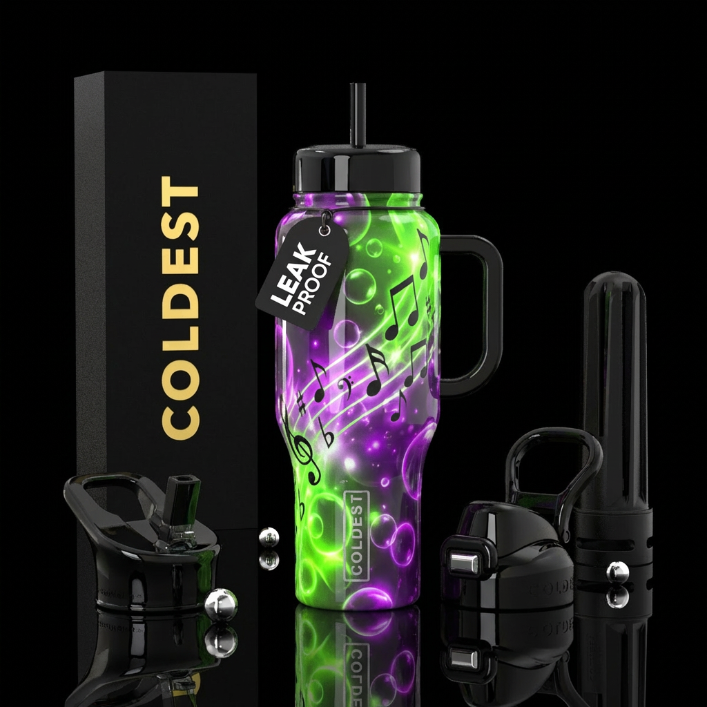 inbued neon green and neon purple, bubbles, shiny,... water bottle design
