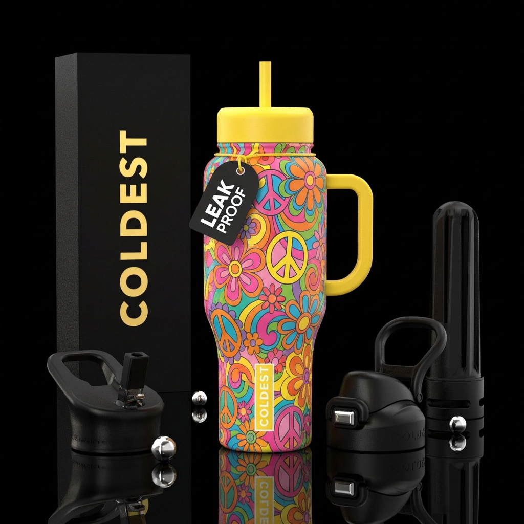 Flower power, vibrant, bright, boho, hippie, peace... water bottle design
