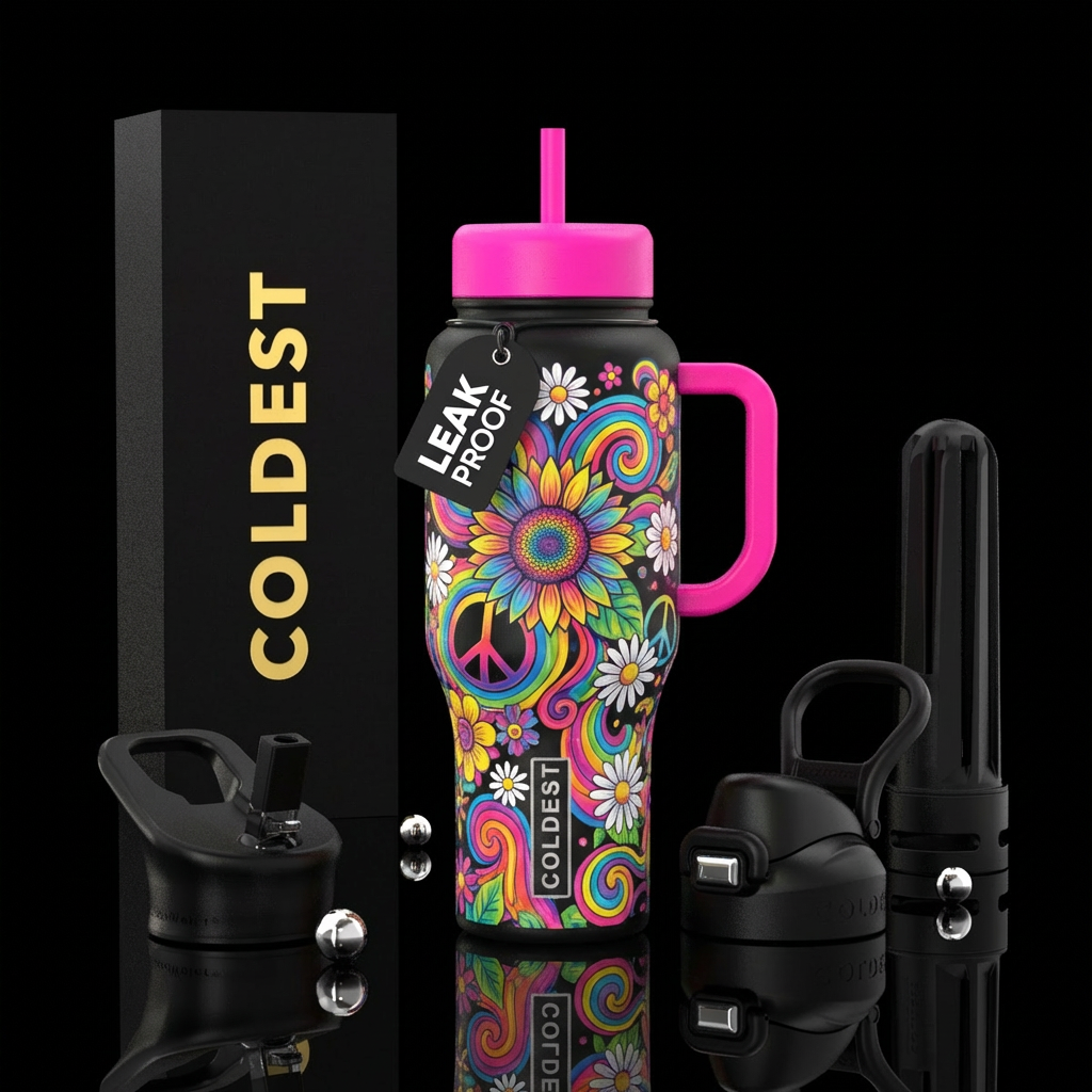 Flower power, vibrant, bright, boho, hippie, peace... water bottle design