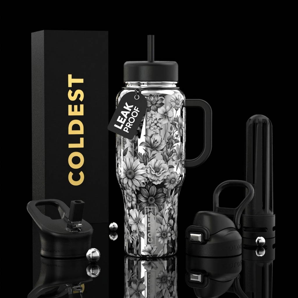 Black and white, realism, all different kinds of f... water bottle design