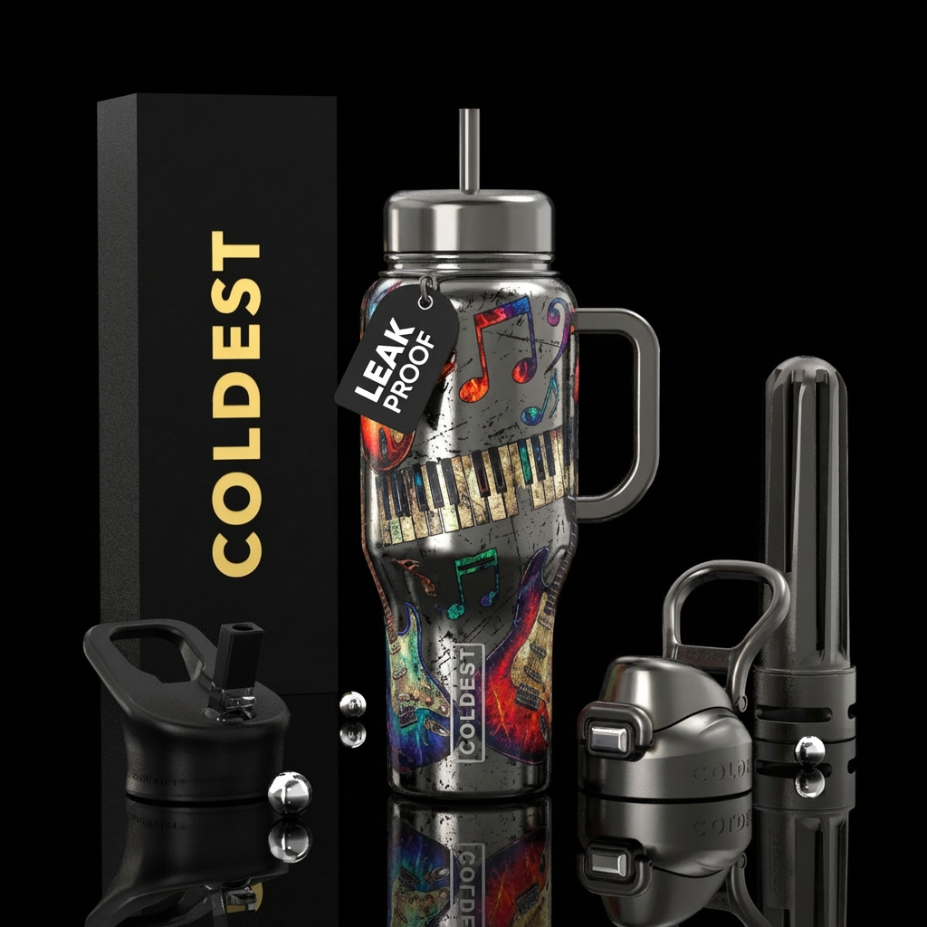 gunmetal, shiny, seamless, music notes, piano keyb... water bottle design