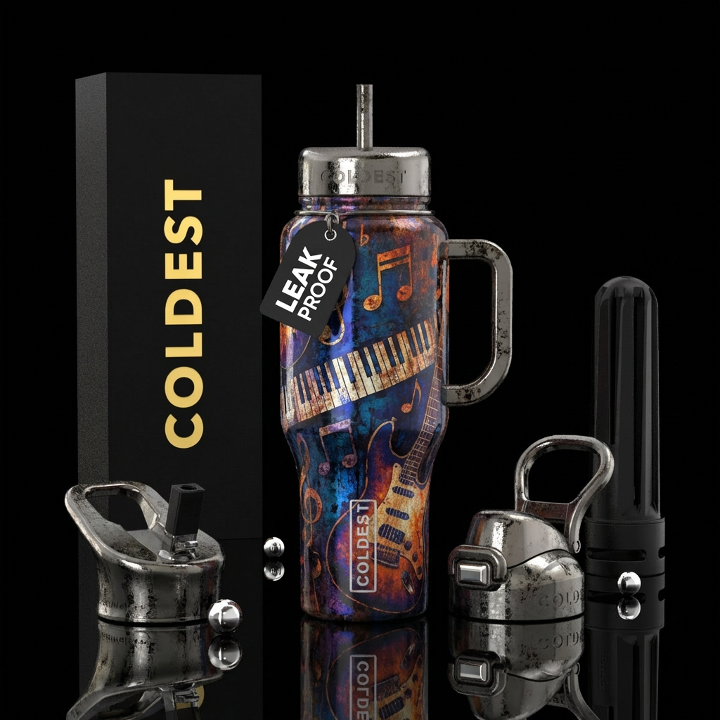 gunmetal, shiny, seamless, music notes, piano keyb... water bottle design