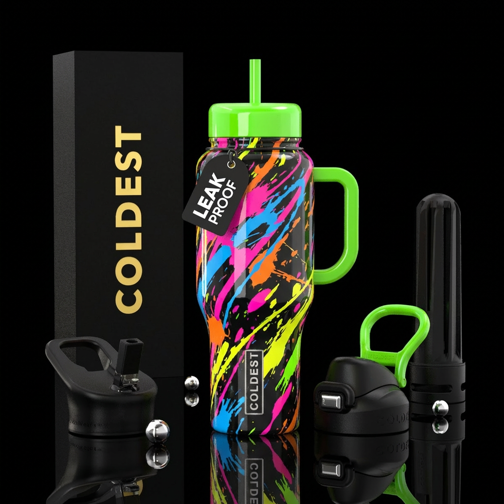 All neon colors splatter, shiny, neon green lid, n... water bottle design