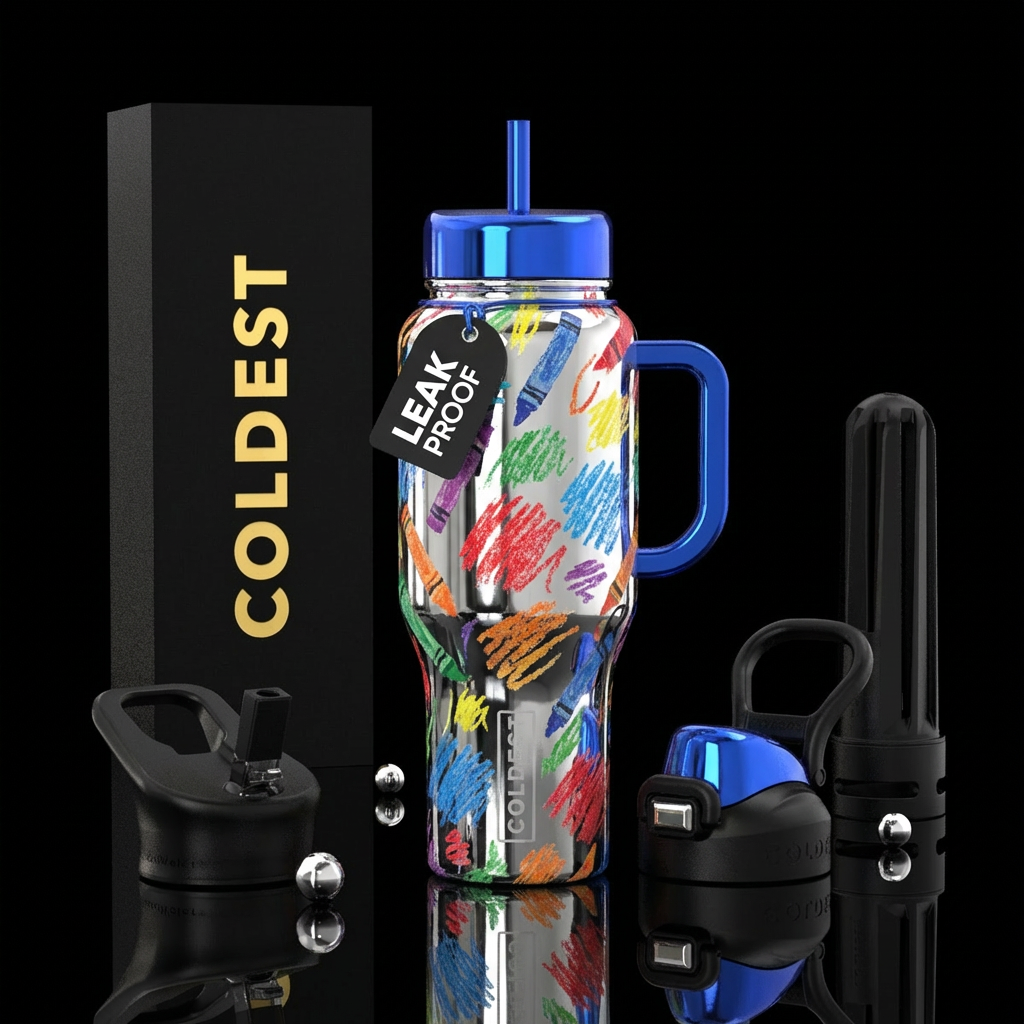 Shiny crayon scribbles on shiny chrome cup water bottle design