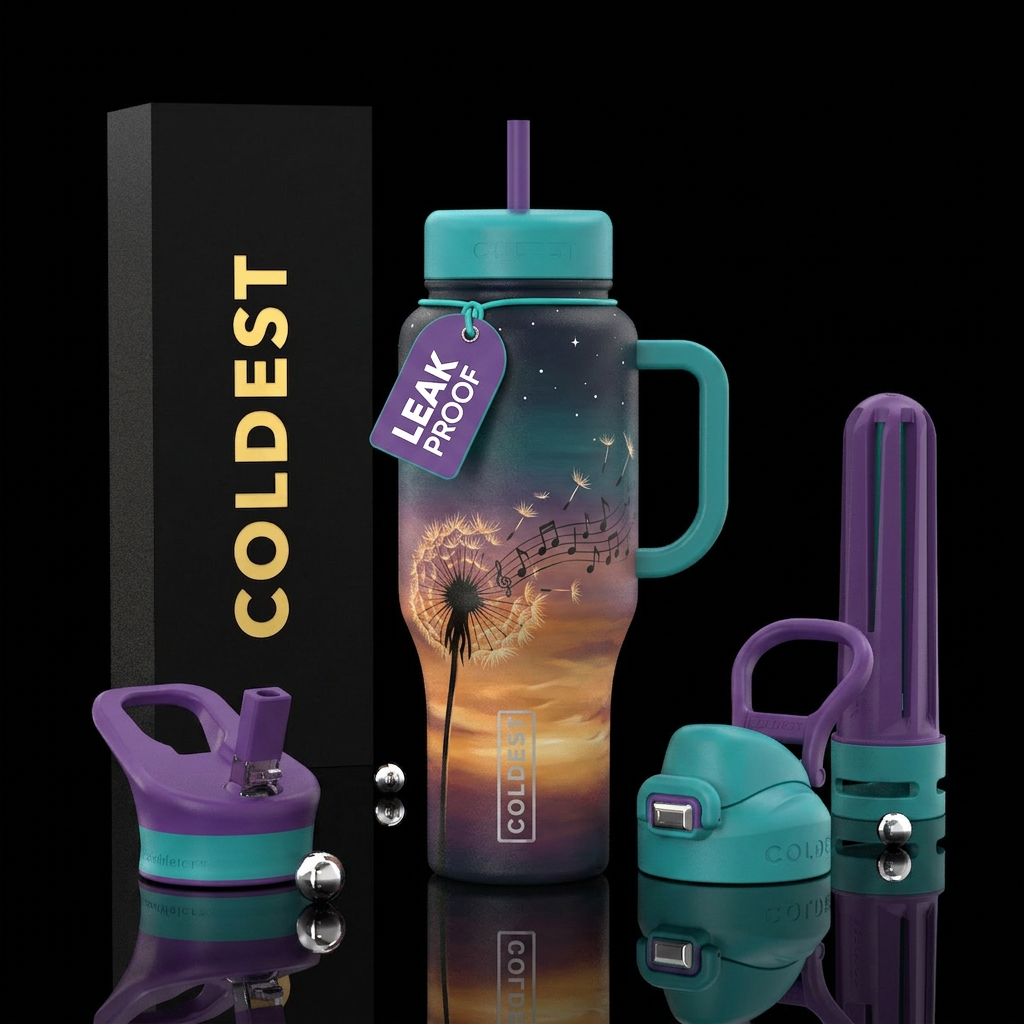 Dandelion blowing and transforming into music note... water bottle design