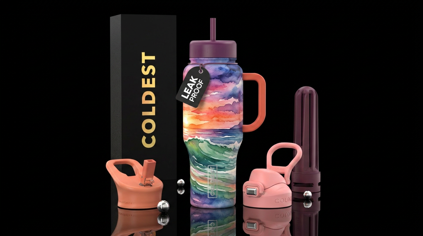 Waves coming in at sunset in watercolor style water bottle design