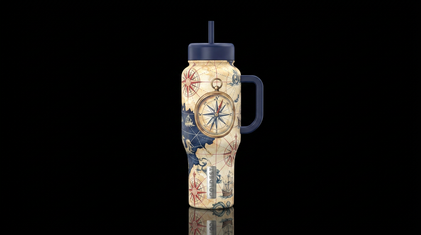 Antique compasses and map designs, beige, navy and... water bottle design