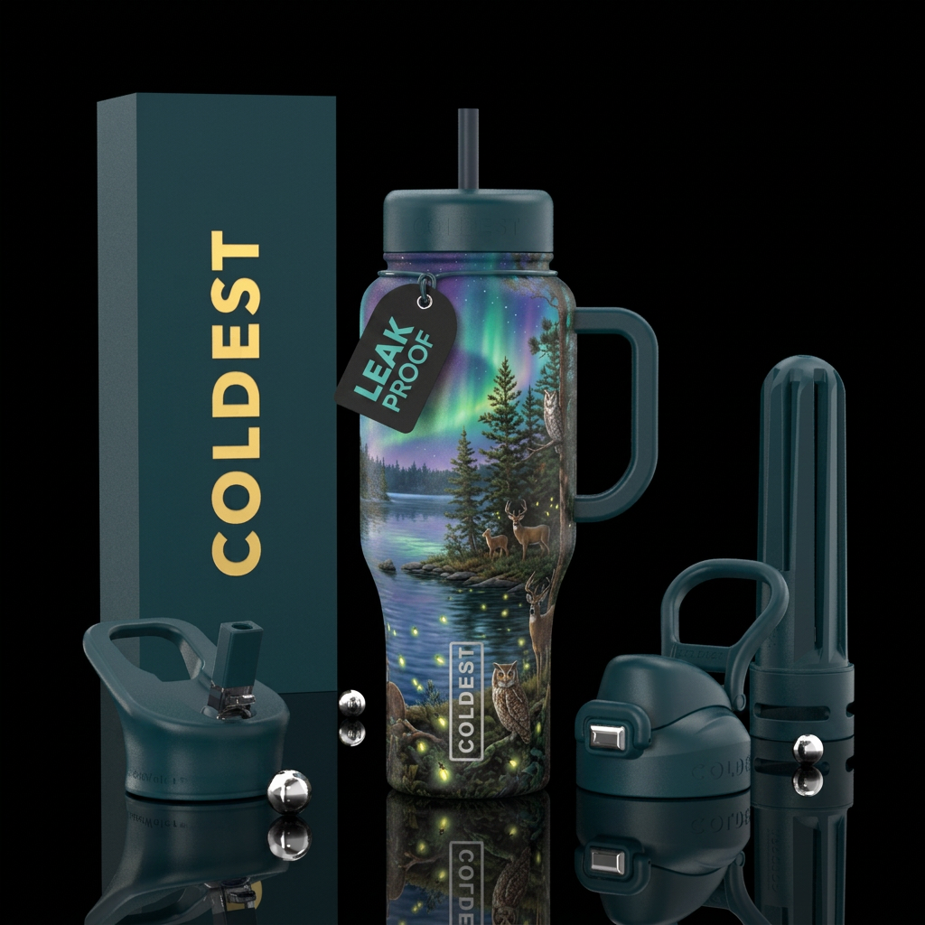 Calm lake, near trees with deer and owls and light... water bottle design