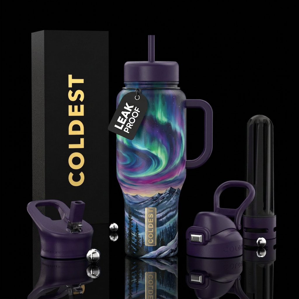 Painting style Northern lights swirling above the ... water bottle design