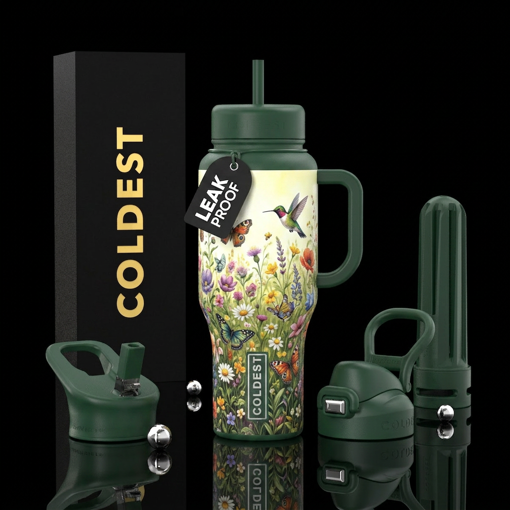 Field of wildflowers including with butterflies an... water bottle design