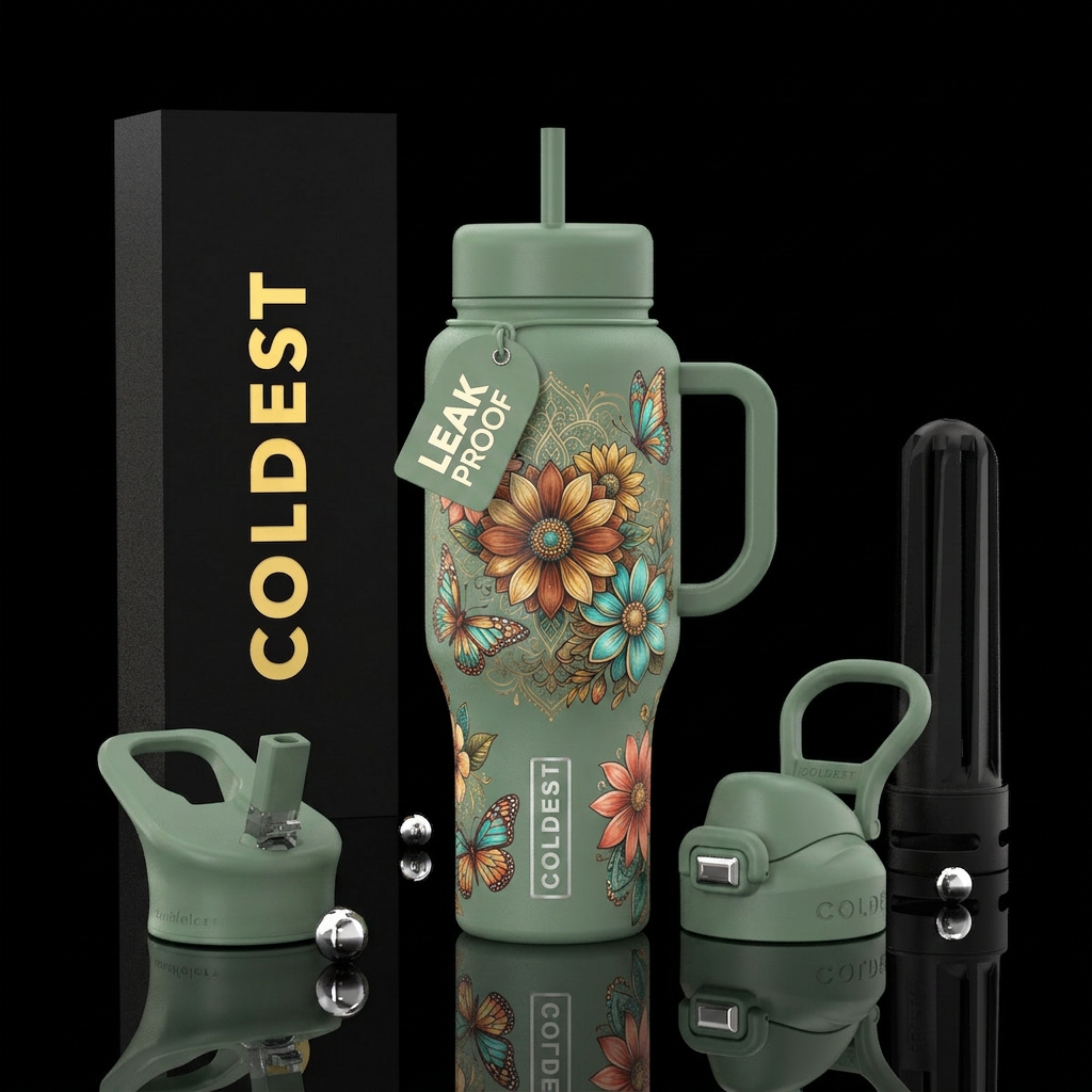 5 wildflowers wrapped around the cup, butterflies,... water bottle design
