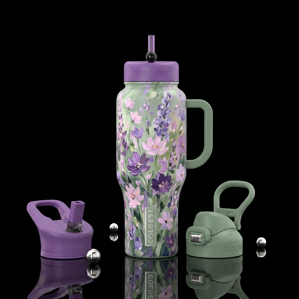 Abstract painting design of wildflowers, sage gree... water bottle design