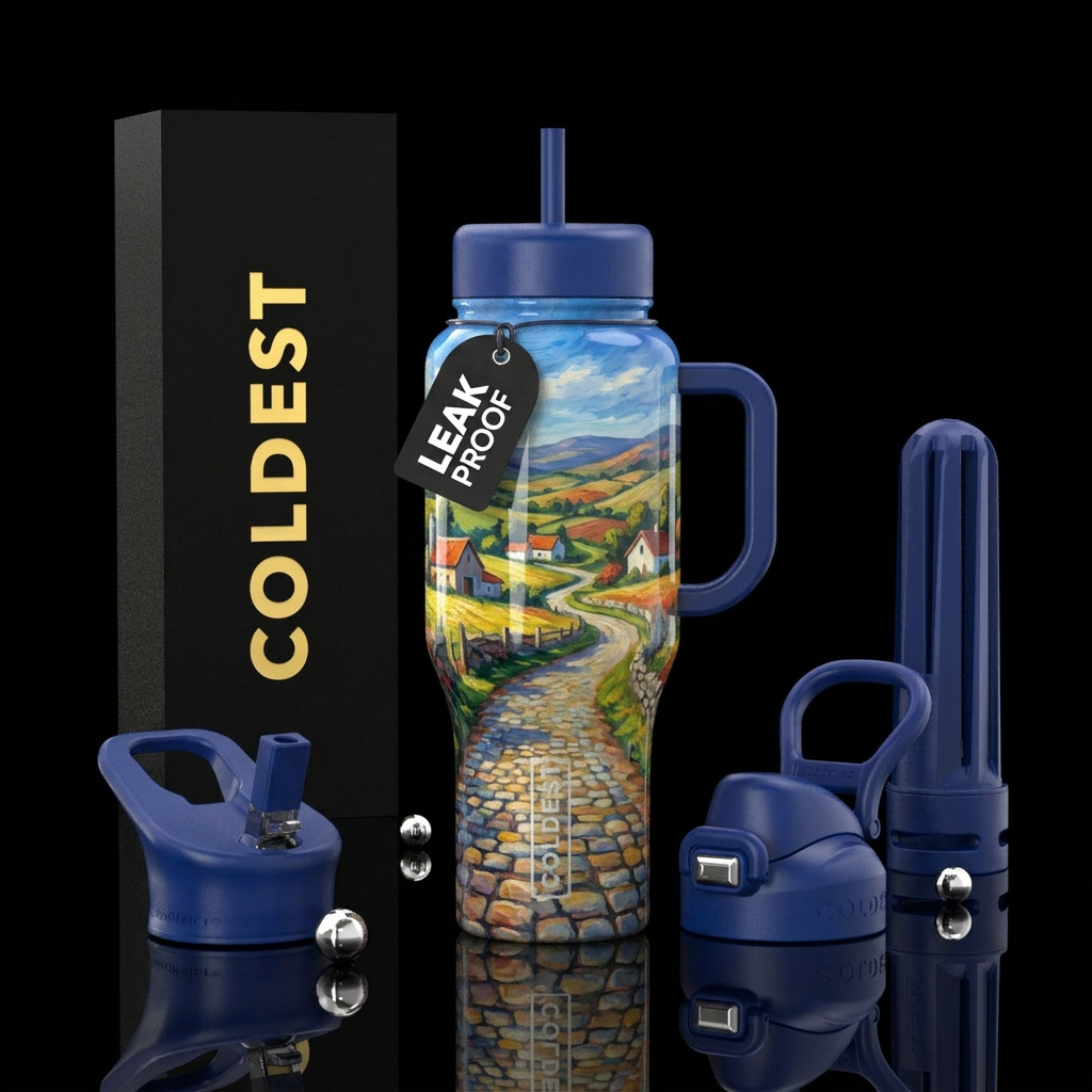 Cobblestone country road with farms and rolling hi... water bottle design