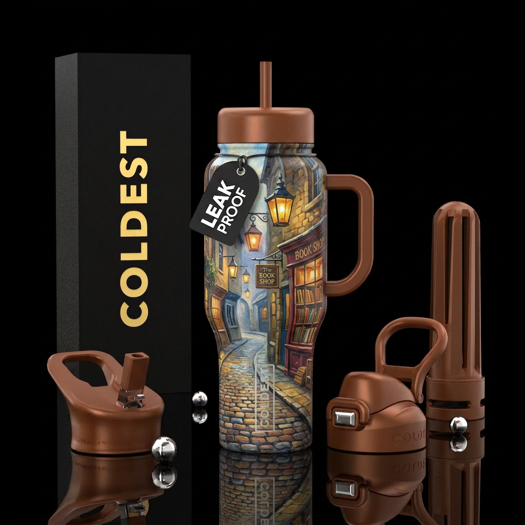 Closeup of cobble stone road, alley with lanterns ... water bottle design