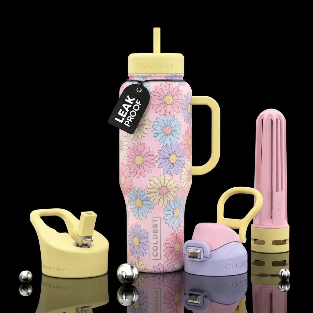 Daisies all over the bottle in different pastel co... water bottle design
