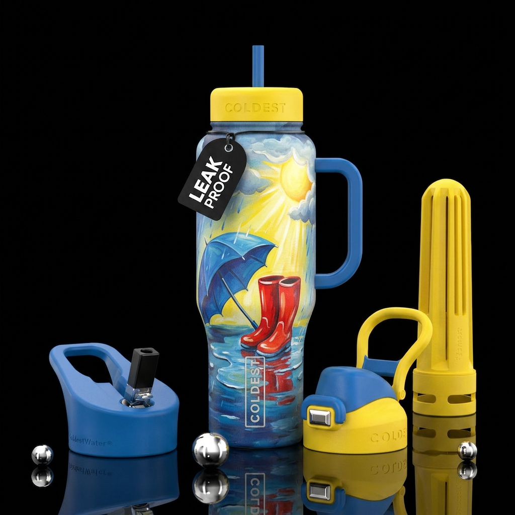 Painting style of umbrella and rain boots in a pud... water bottle design