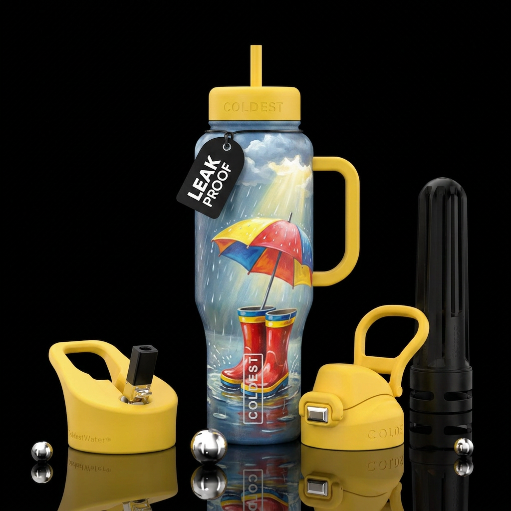 Painting style of umbrella and rain boots in a pud... water bottle design